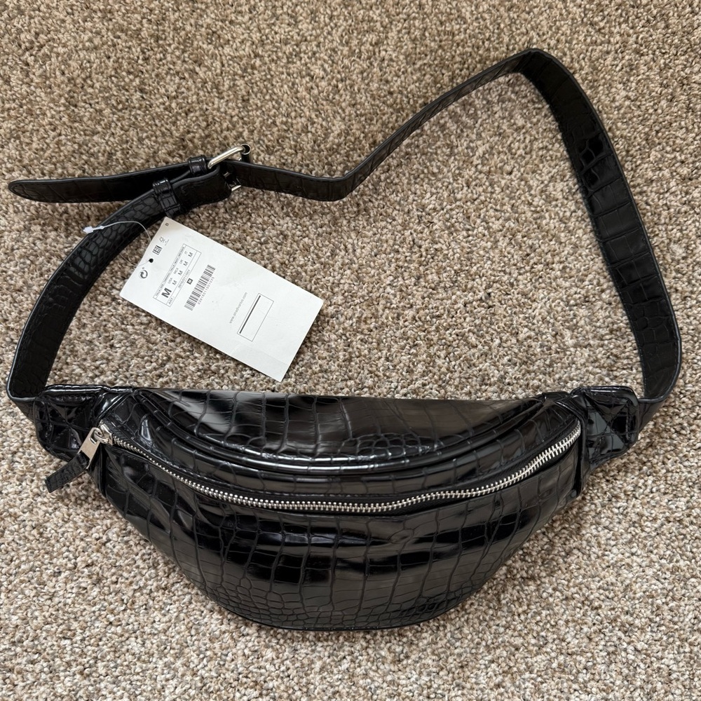 Faux Black Crocodile-Embossed Belt Bag